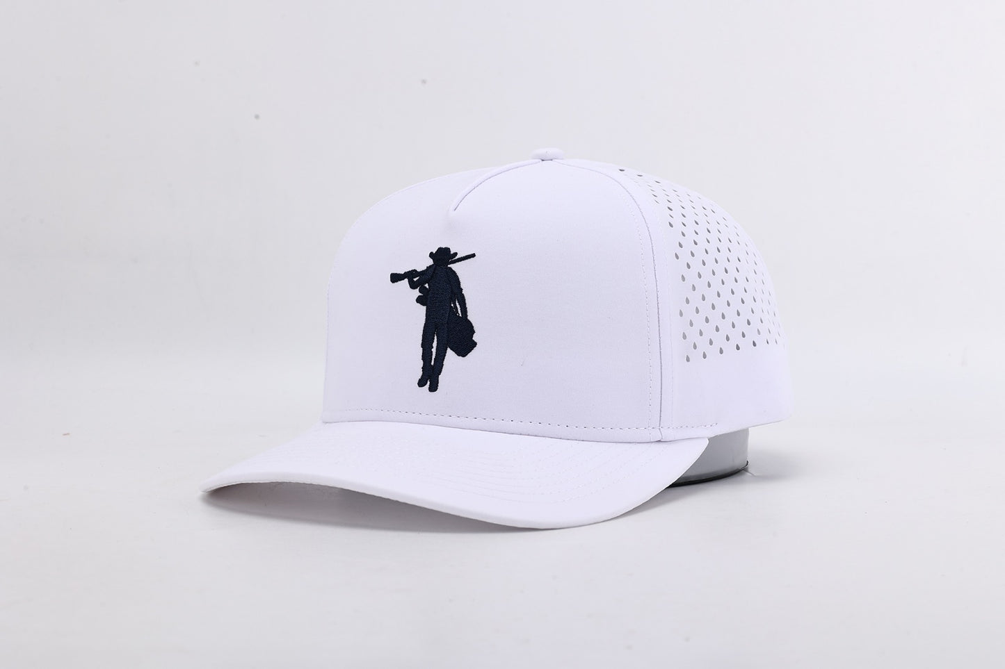 White cap with black silhouette design on a light gray background
