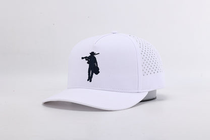 White cap with black silhouette design on a light gray background