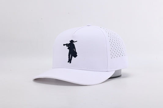 White cap with black silhouette design on a light gray background