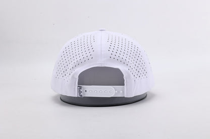 White baseball cap with gray brim on a light gray background