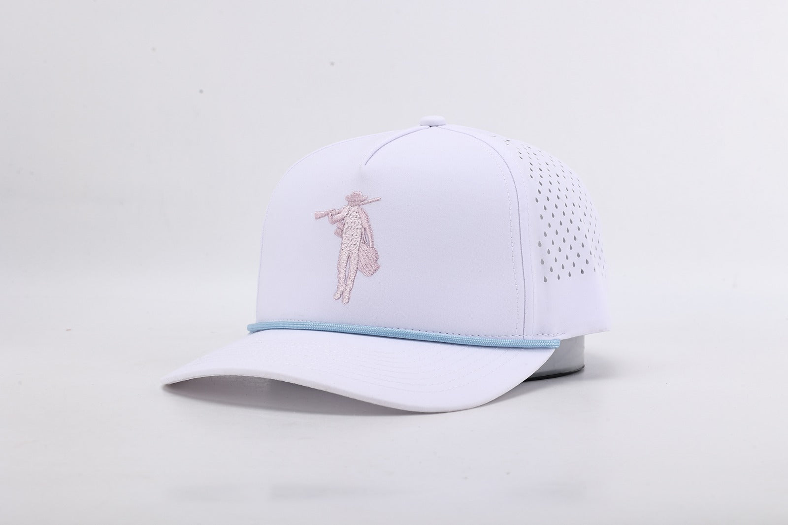 White baseball cap with embroidered design on a light gray background