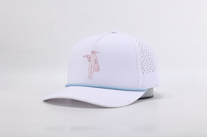 White baseball cap with embroidered design on a light gray background