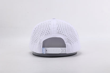 White baseball cap with gray interior on a light gray background