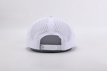 White baseball cap with mesh back on a light gray background