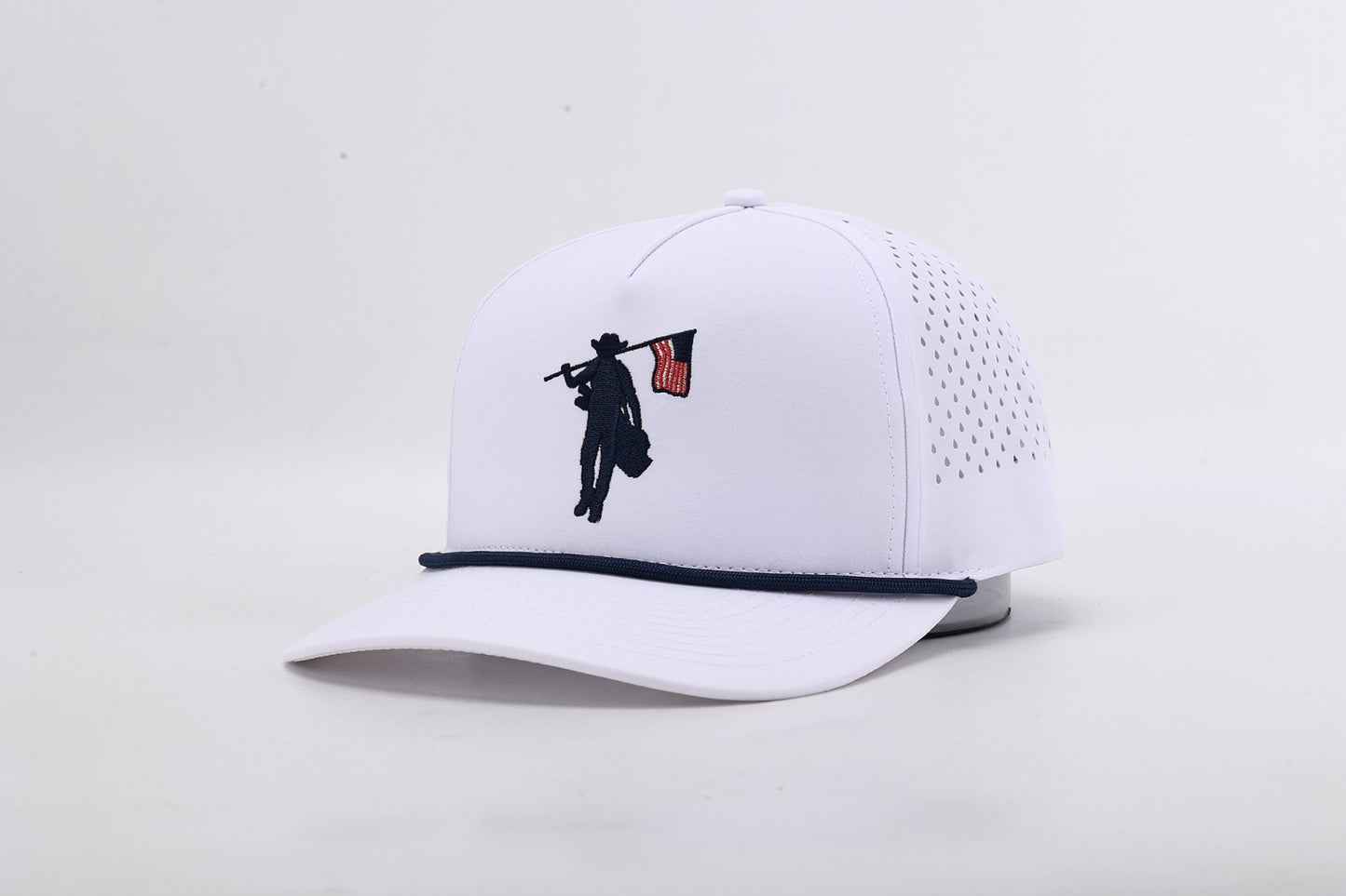 White cap with black silhouette design on a light gray background