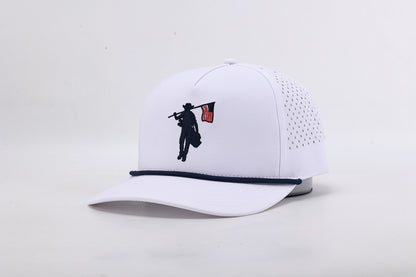 White cap with black silhouette design on a light gray background