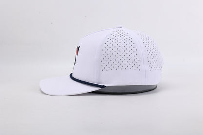 White baseball cap with a small logo on a light gray background