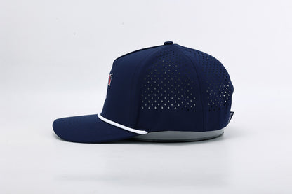 Navy blue baseball cap with white brim on a light gray background