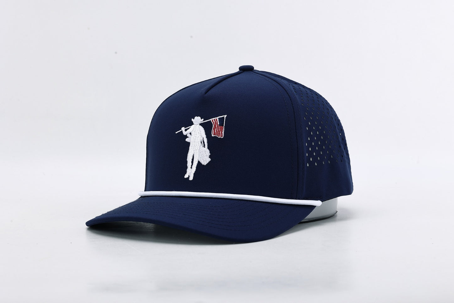 Navy blue cap with white logo on a light gray background
