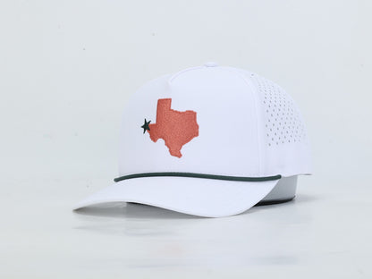 A white baseball cap with a curved brim, featuring an embroidered orange silhouette of Texas with a small black star on the front panel, and a thin dark green piping detail along the edge of the brim.